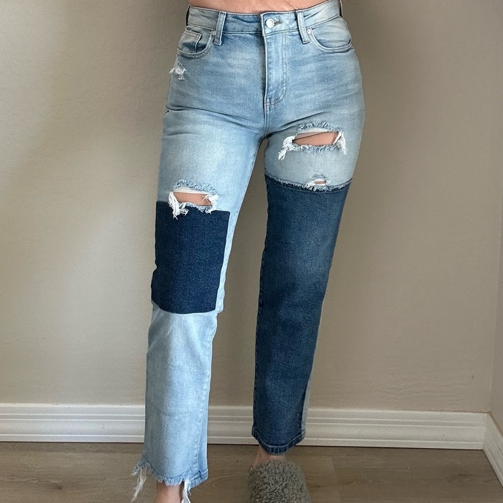 Two-Tone patchwork Straight Leg Jeans - image 1